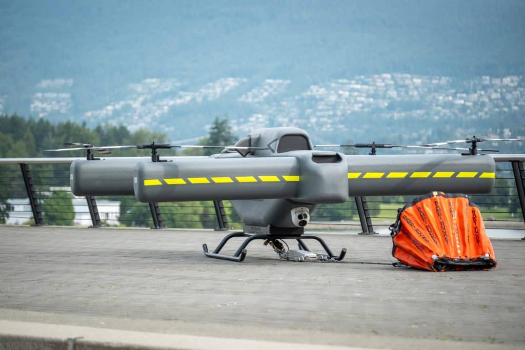 A replica of the ACC Innovation Thunder Wasp ultra heavy-lift drone sits on display in Jack Poole Plaza.